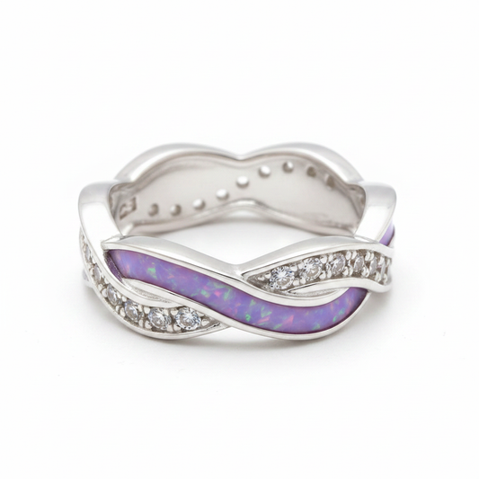 Silver 925 braided wave CZ memorial ring — lavender purple opal flakes resin in 2mm centre channel, CZ stone outer rails