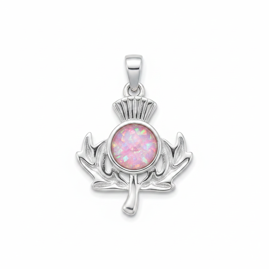 Silver 925 Scottish thistle memorial pendant with pink opal flakes, white background