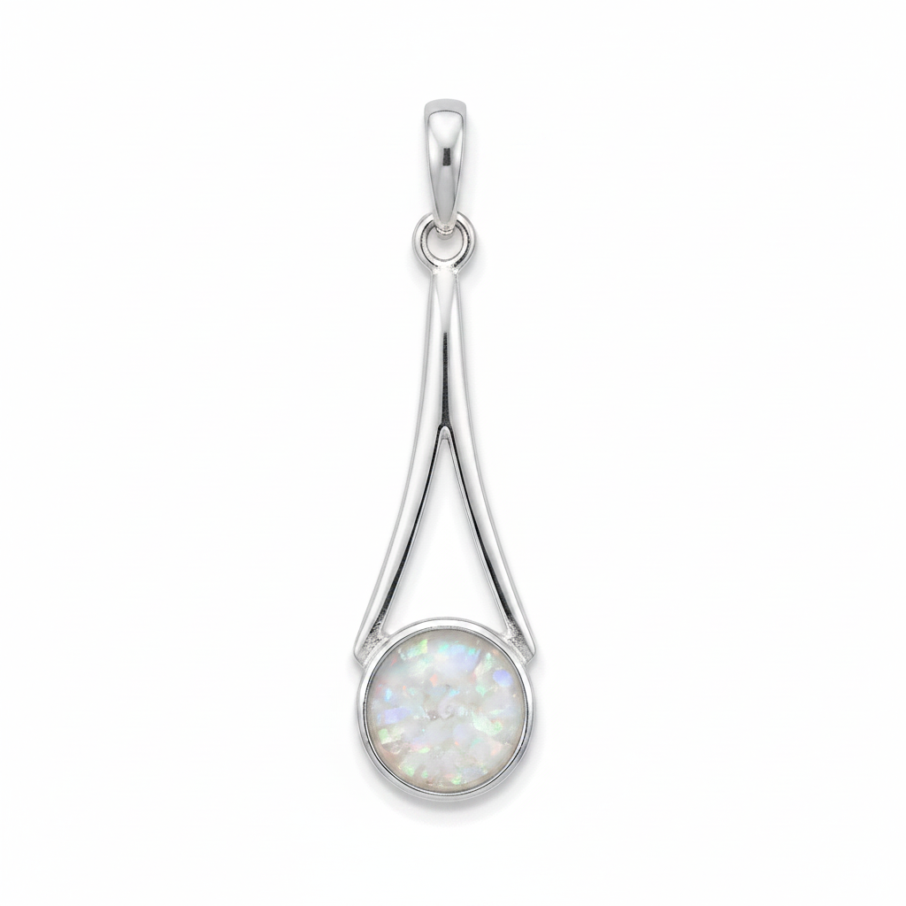 Silver 925 wishbone drop memorial pendant with white opal and mica, white background