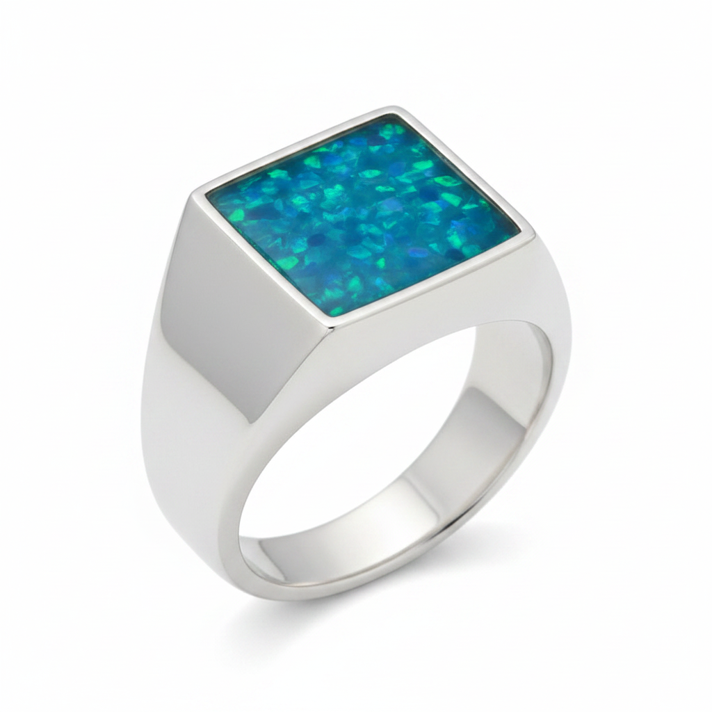 Silver 925 gents square signet memorial ring — blue teal opal flakes resin in 10mm square setting, chunky wide tapered signet band