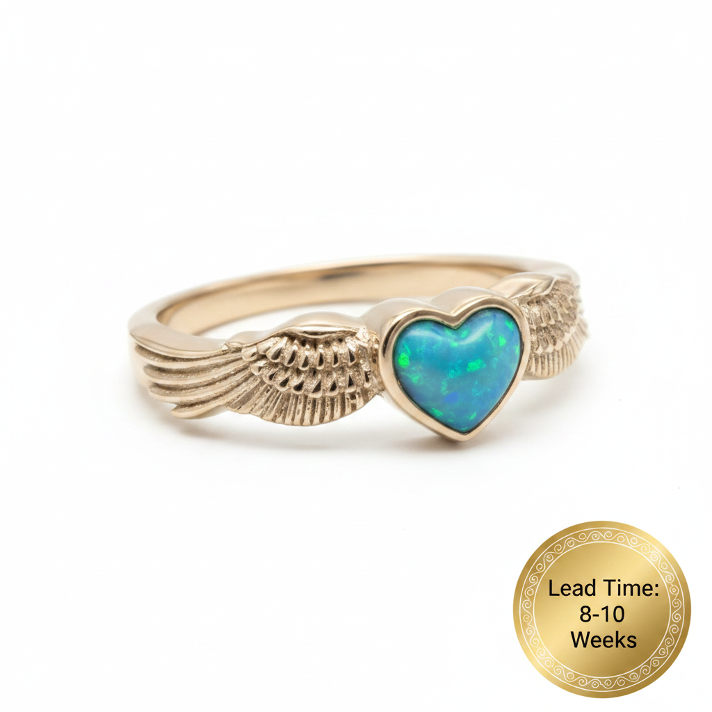 9ct gold heart angel wing ring with blue teal opal resin in heart bezel, white background, lead time 8-10 weeks sticker