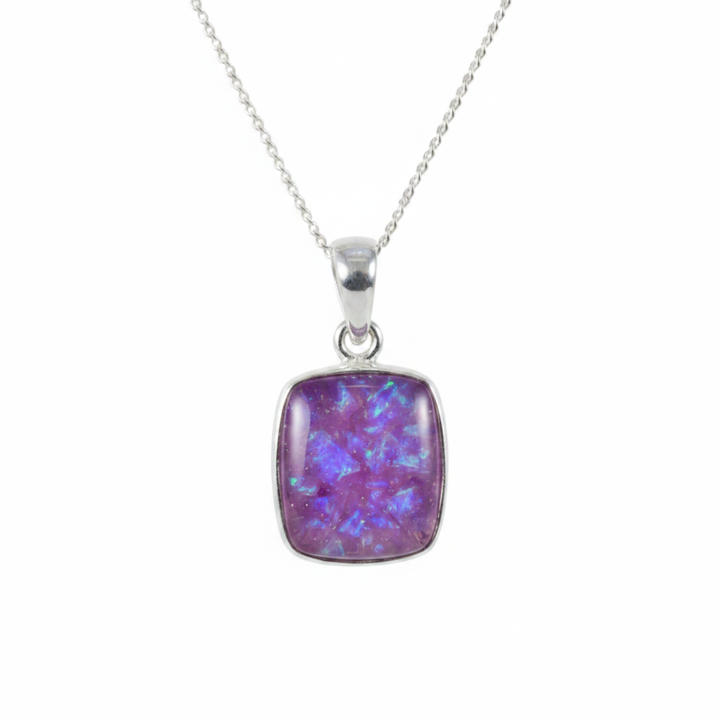 Silver 925 rectangular bezel memorial pendant — lavender purple opal flakes domed resin inclusion