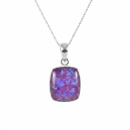 Silver 925 rectangular bezel memorial pendant — lavender purple opal flakes domed resin inclusion