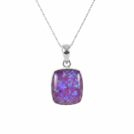 Silver 925 rectangular bezel memorial pendant — lavender purple opal flakes domed resin inclusion