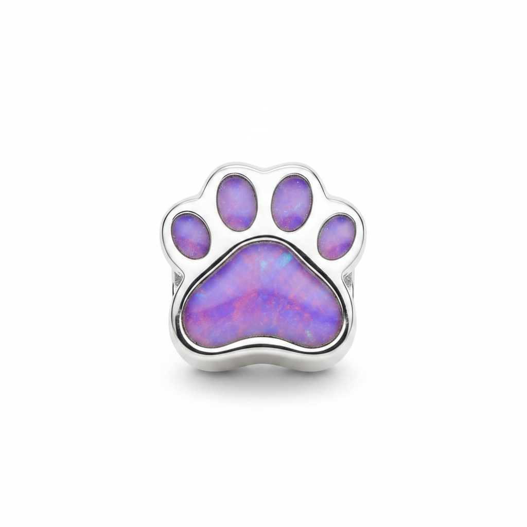 Solid Silver Dog Paw Bead 925 Silver Memorial Charm – purple lavender opal inclusion
