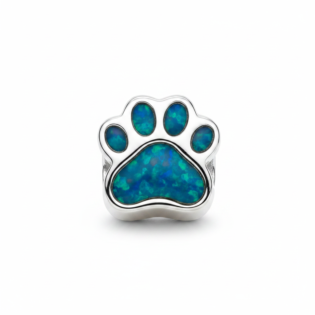 Solid Silver Dog Paw Bead 925 Silver Memorial Charm – blue teal opal inclusion