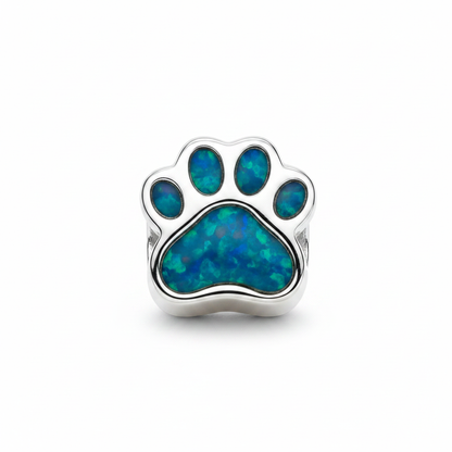 Solid Silver Dog Paw Bead 925 Silver Memorial Charm – blue teal opal inclusion