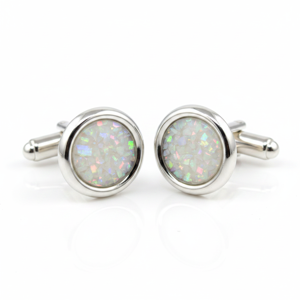 Silver 925 round cufflinks with white pearl opal resin in 10mm bezel setting on white background