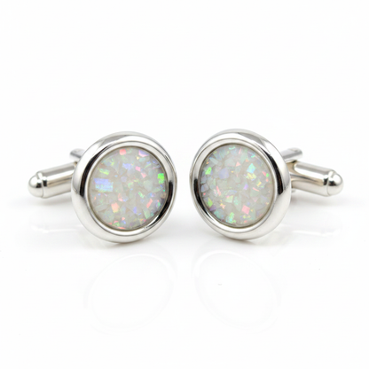 Silver 925 round cufflinks with white pearl opal resin in 10mm bezel setting on white background