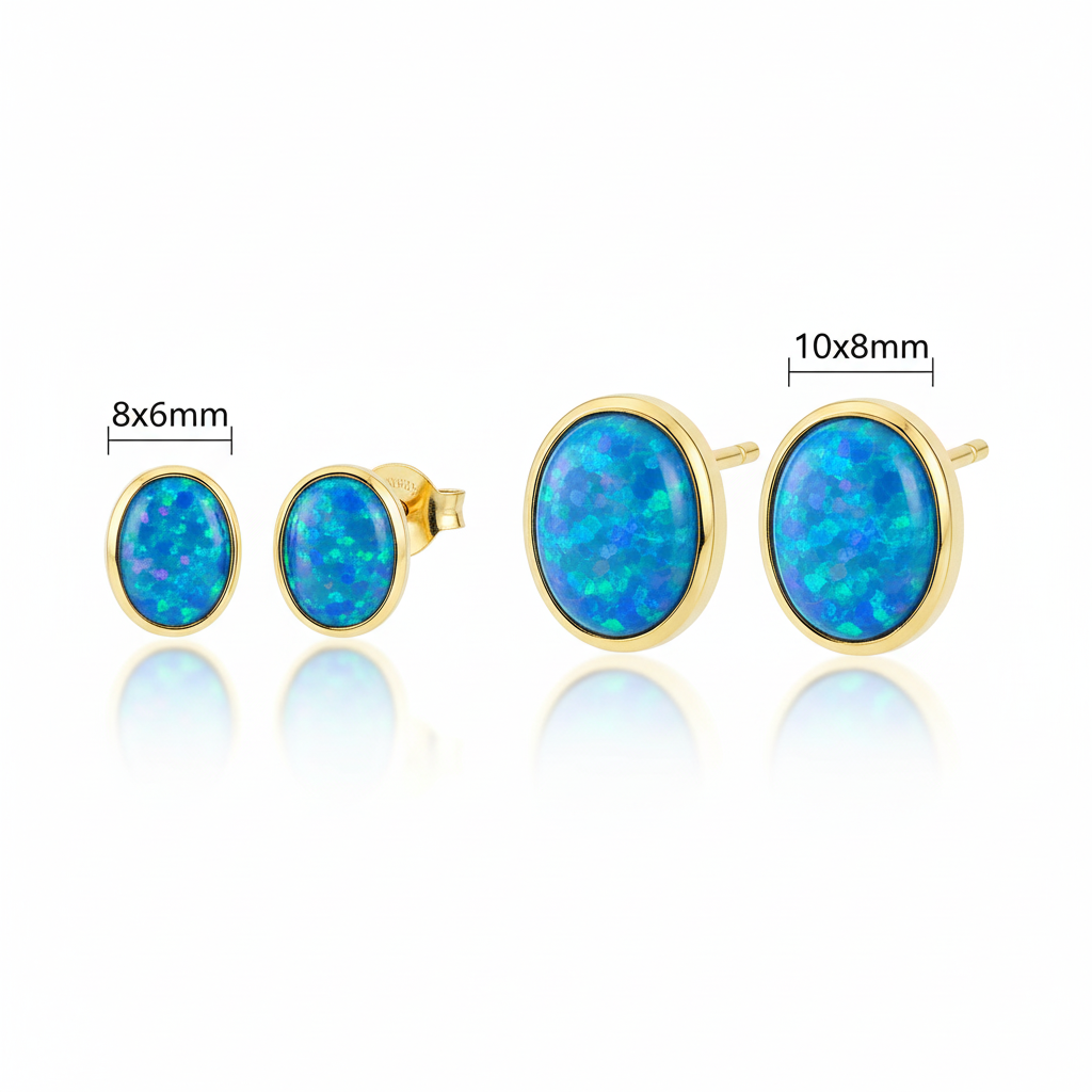 Gold plain edge oval stud earrings dimensions guide — 8x6mm and 10x8mm sizes