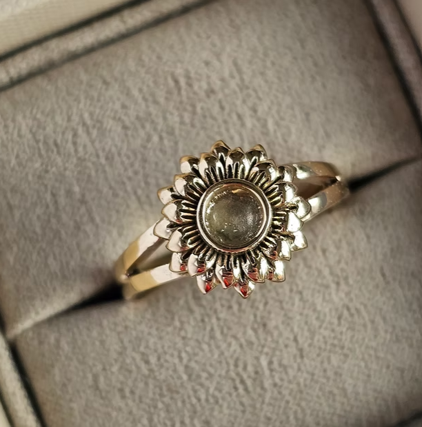 MADE TO ORDER — 9ct Gold Sunflower Split Shank Ring | Rose, Yellow or White Gold | Ashes, Hair & Fur Memorial Keepsake