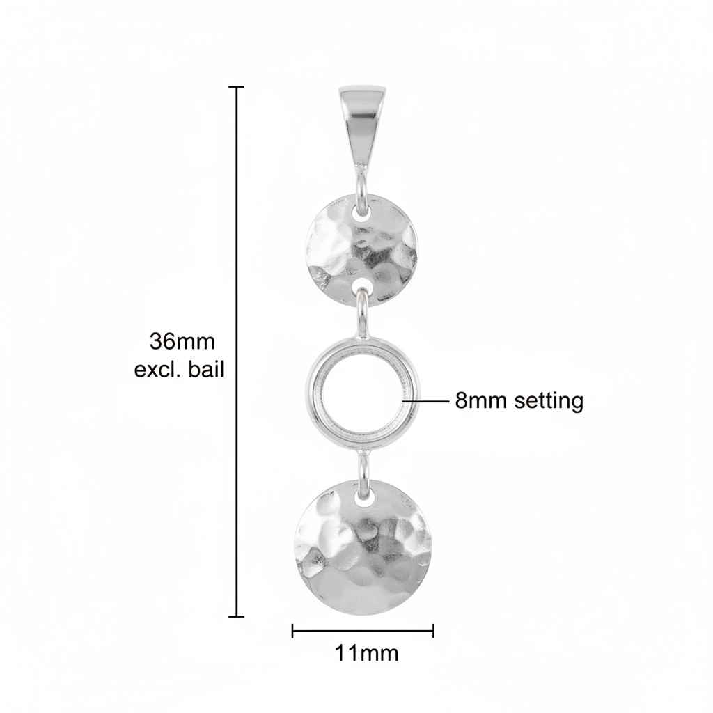 Silver 925 triple drop hammered memorial pendant dimensions — 36x11mm excl. bail, 8mm round centre