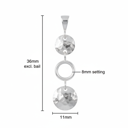 Silver 925 triple drop hammered memorial pendant dimensions — 36x11mm excl. bail, 8mm round centre