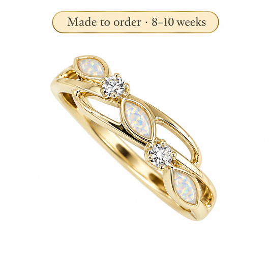 Illustrative 9ct yellow gold 3 Stone Eternity memorial ring with pearl white opal flakes