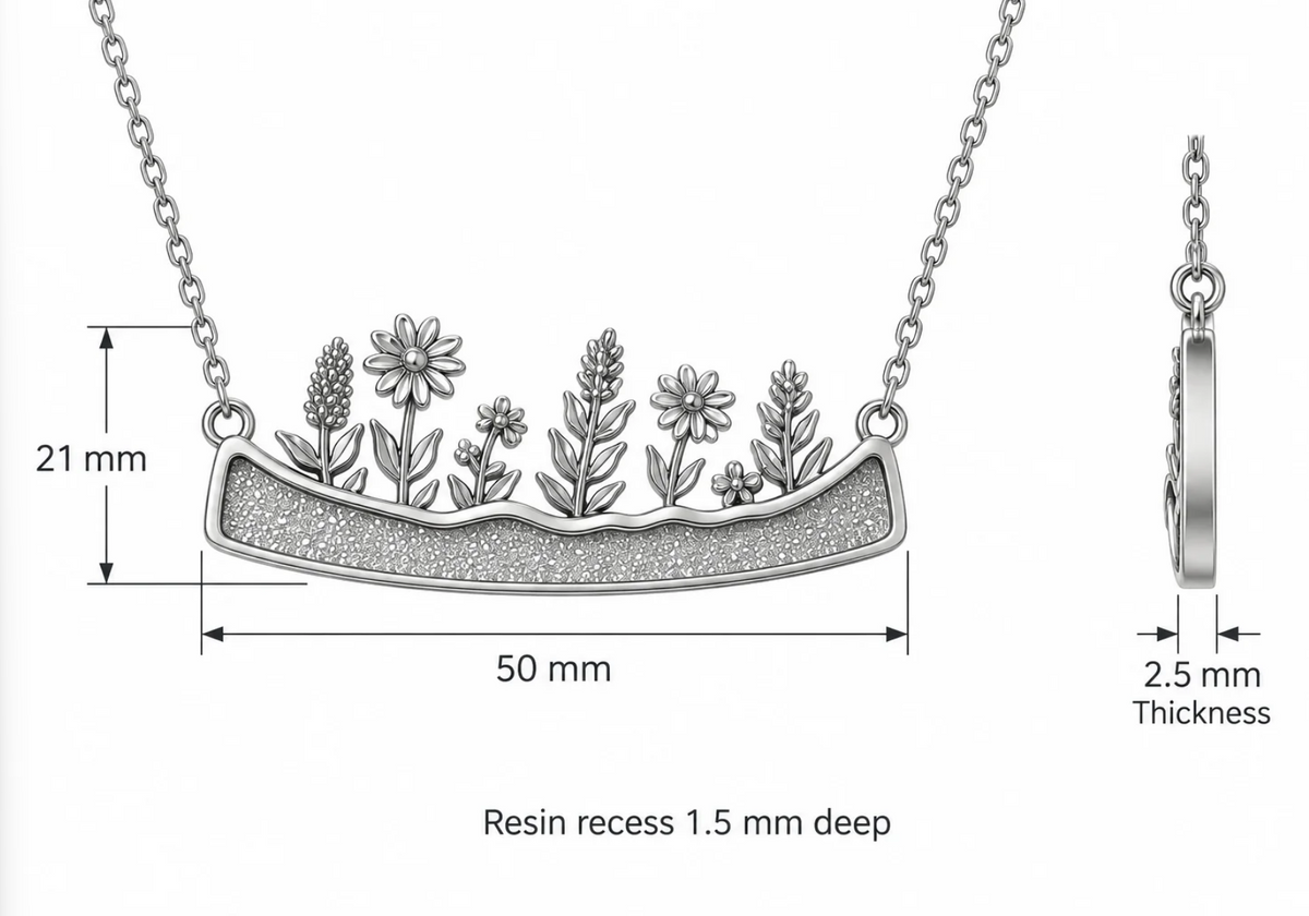 Dimensions guide: pendant 50 mm wide, 21 mm tall, 2.5 mm thick, 1.5 mm resin recess