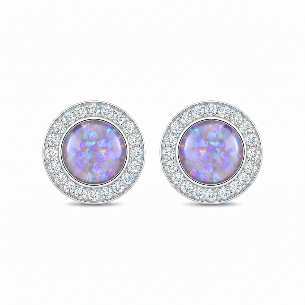 Silver 925 CZ halo memorial stud earrings — lavender purple opal flakes resin in 6mm centre setting with sparkling CZ surround