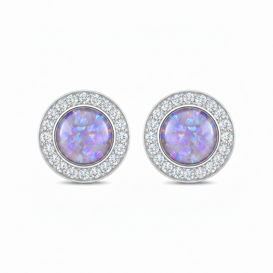 Silver 925 CZ halo memorial stud earrings — lavender purple opal flakes resin in 6mm centre setting with sparkling CZ surround