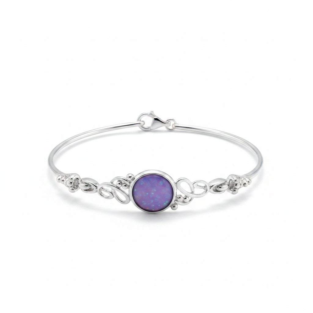 Silver 925 antique scroll memorial bangle — lavender purple opal flakes resin in 10mm round centre setting