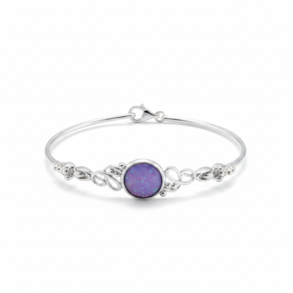 Silver 925 antique scroll memorial bangle — lavender purple opal flakes resin in 10mm round centre setting
