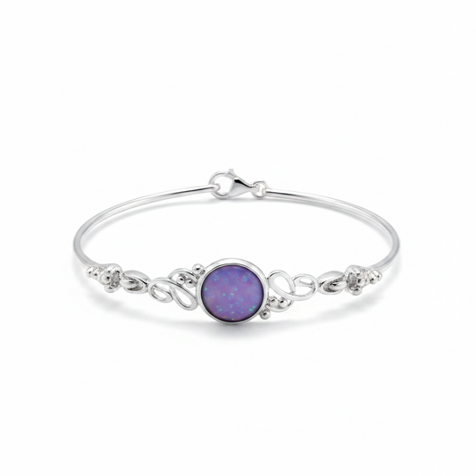 Silver 925 antique scroll memorial bangle — lavender purple opal flakes resin in 10mm round centre setting