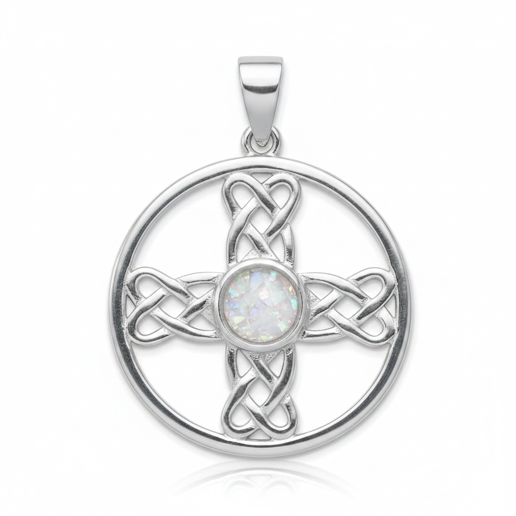 Silver 925 Celtic cross circle memorial pendant with white opal and mica, white background