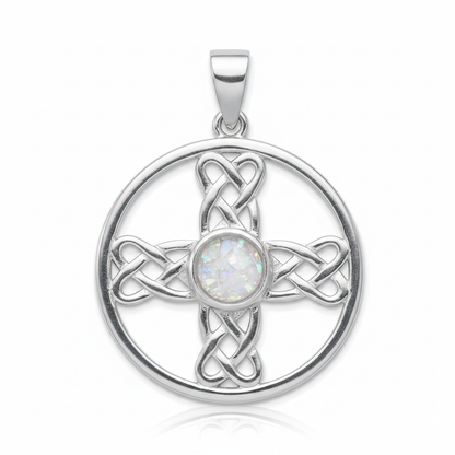 Silver 925 Celtic cross circle memorial pendant with white opal and mica, white background