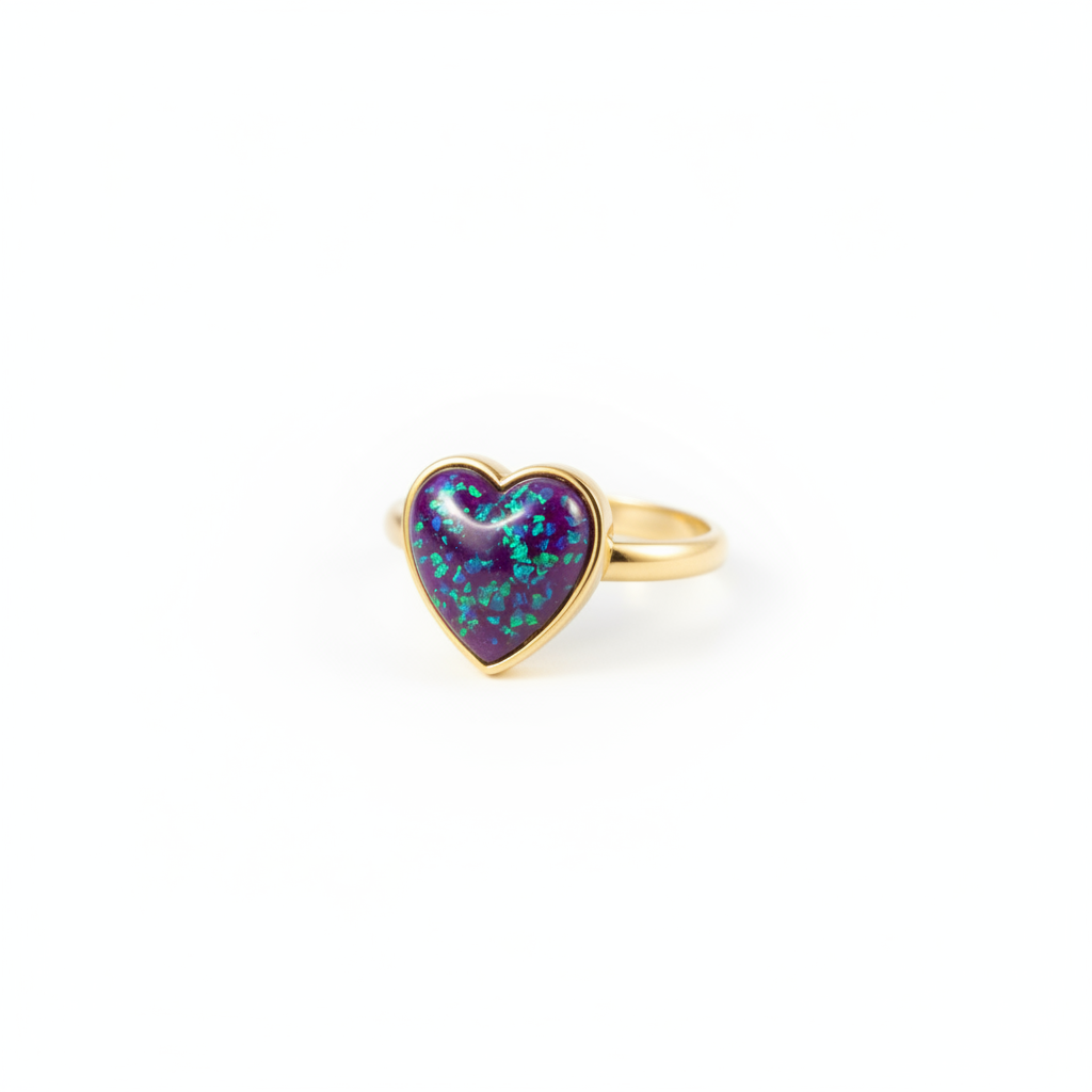 9ct gold heart memorial ring with purple base and green blue opal flakes