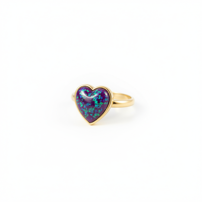 9ct gold heart memorial ring with purple base and green blue opal flakes