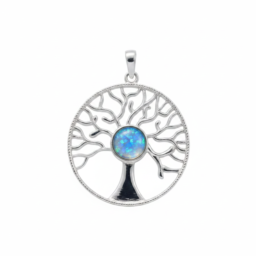 Silver 925 Tree of Life memorial pendant with blue opal flakes, white background