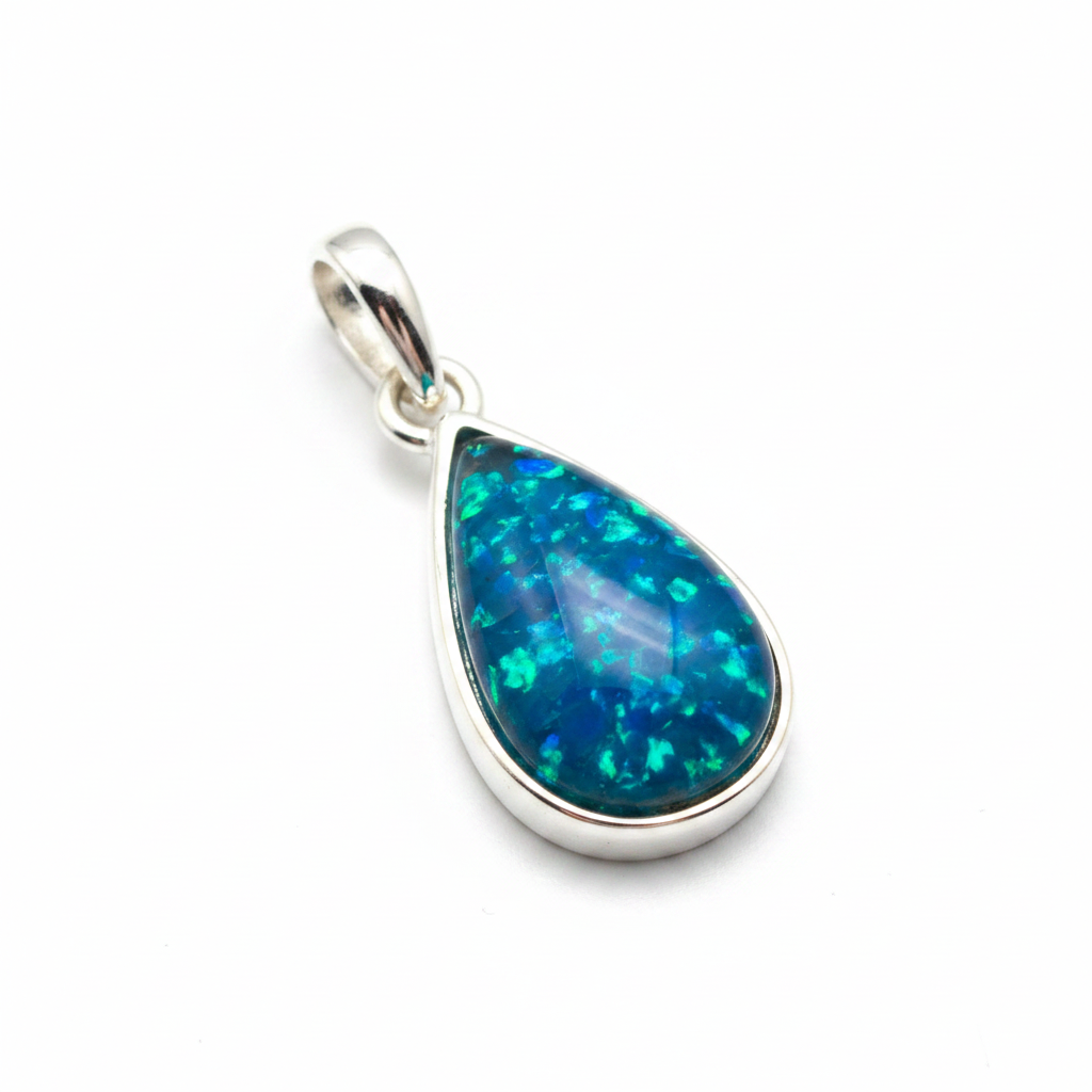 Silver 925 teardrop memorial pendant — blue teal opal flakes domed resin inclusion