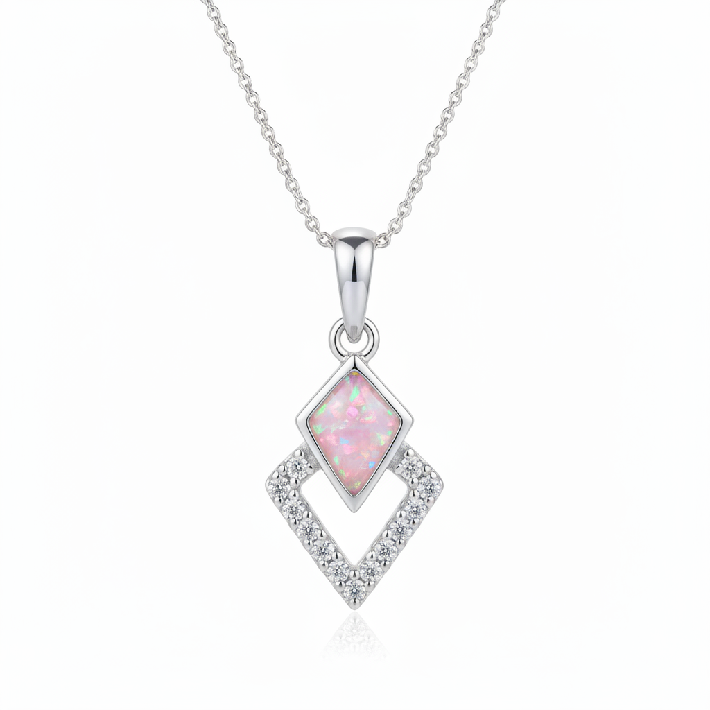 Silver 925 kite diamond CZ memorial pendant with pink opal resin on chain, white background