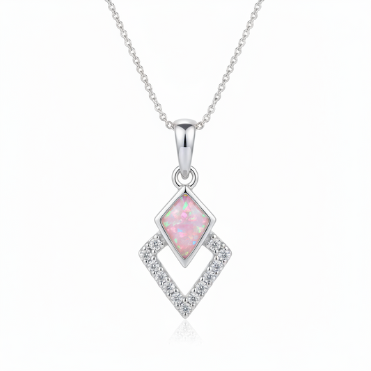 Silver 925 kite diamond CZ memorial pendant with pink opal resin on chain, white background
