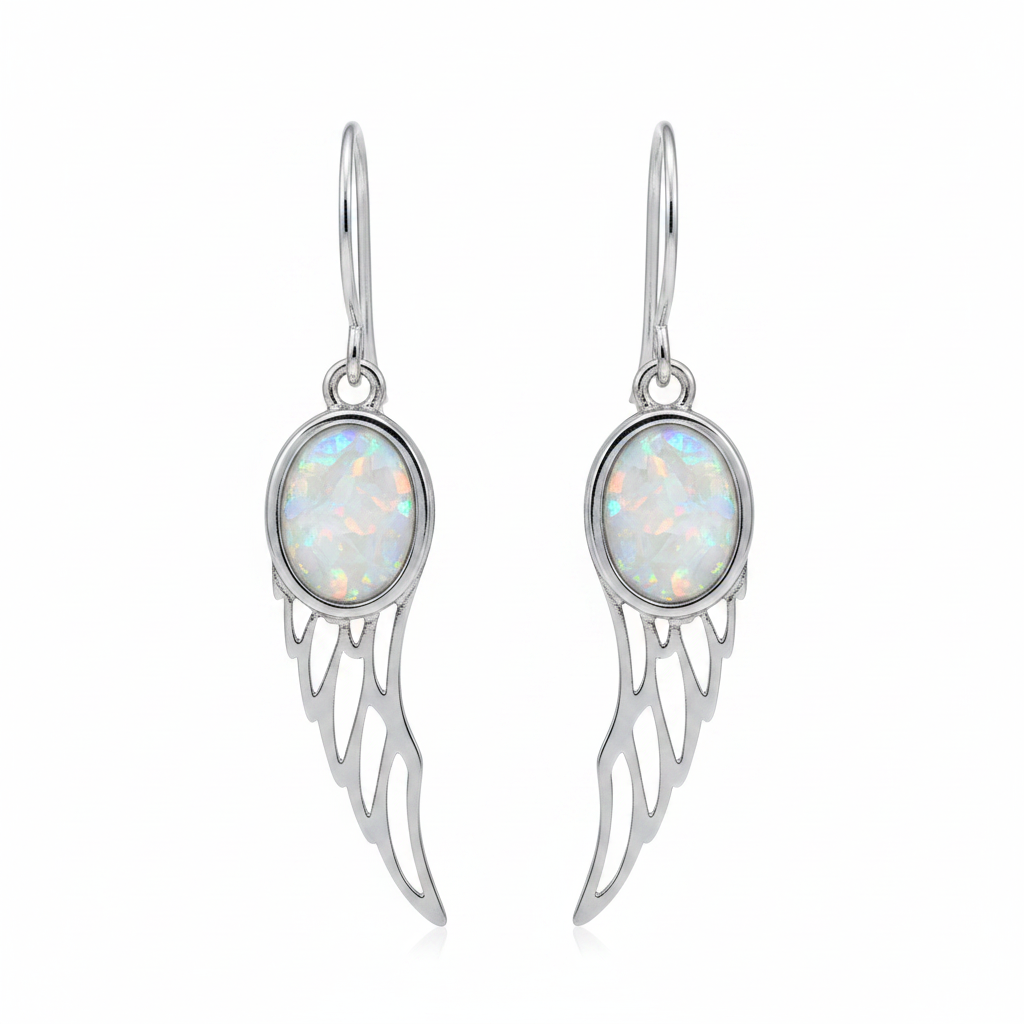 Silver 925 angel wing drop earrings - white pearl opal