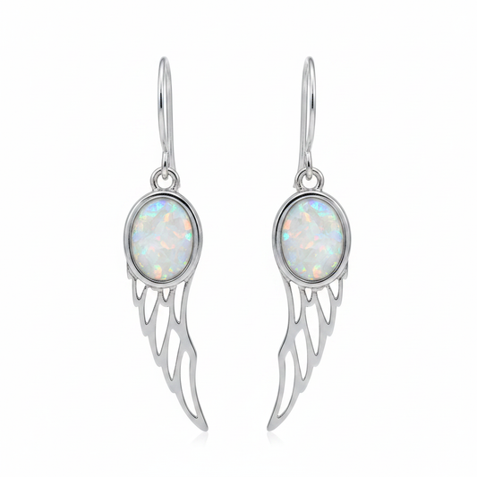 Silver 925 angel wing drop earrings - white pearl opal
