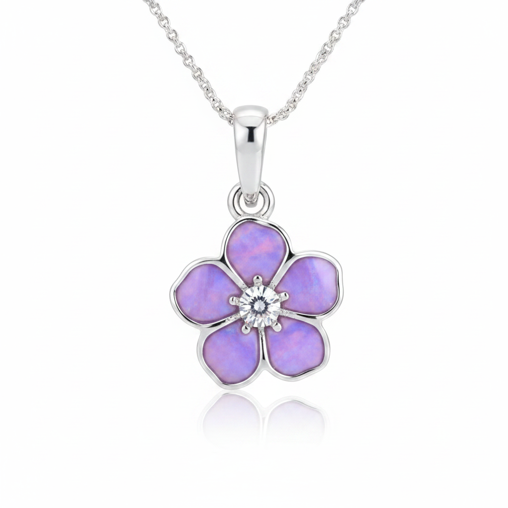 Forget me not silver pendant with lavender purple opal resin glowing in petals and CZ centre, white background