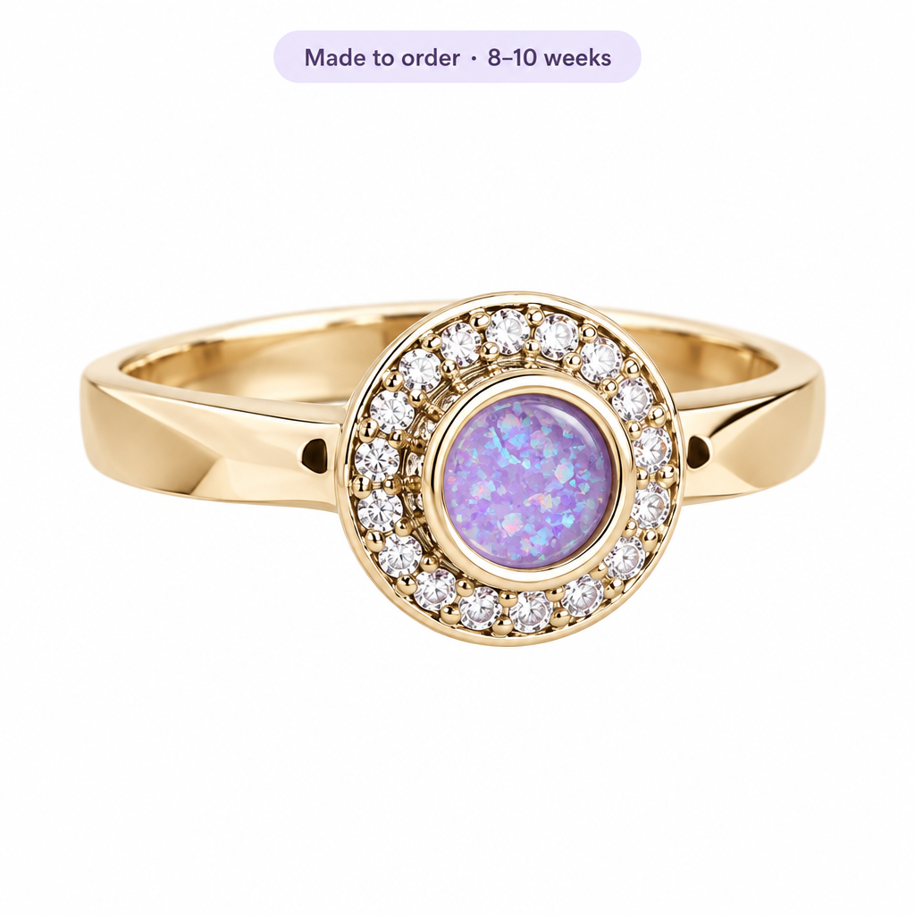 Illustrative gold Halo CZ Cluster memorial ring with lavender purple opal resin