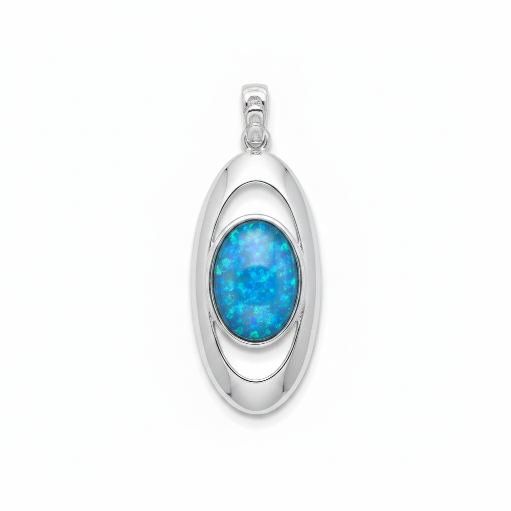 Silver 925 oval orbit memorial pendant with blue opal flakes, white background