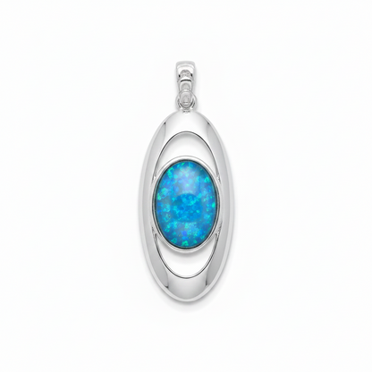 Silver 925 oval orbit memorial pendant with blue opal flakes, white background