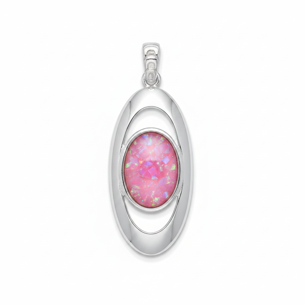 Silver 925 oval orbit memorial pendant with pink opal flakes, white background