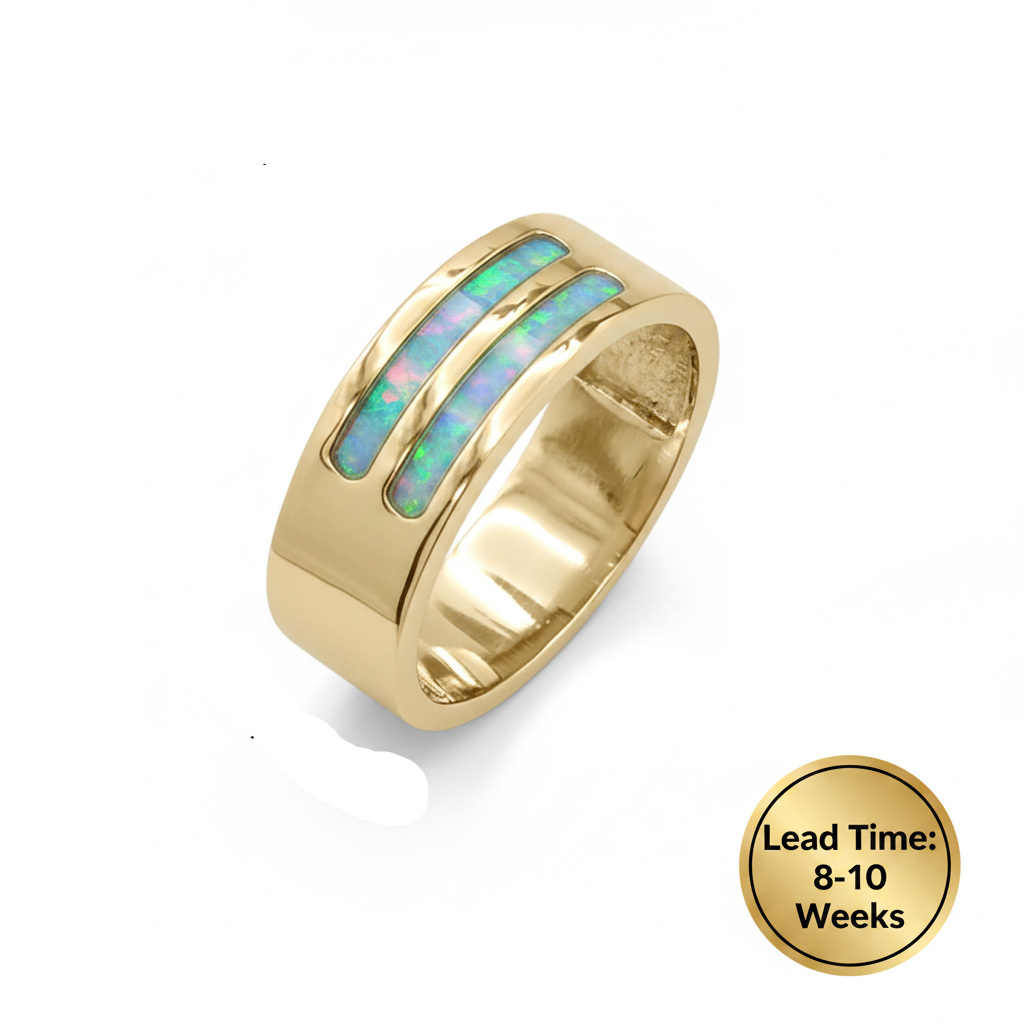 9ct gold 7mm double half channel band ring dimensions guide showing 7mm width, white background, lead time 8-10 weeks