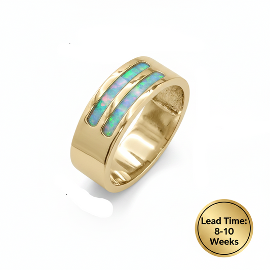 9ct gold 7mm double half channel band ring dimensions guide showing 7mm width, white background, lead time 8-10 weeks