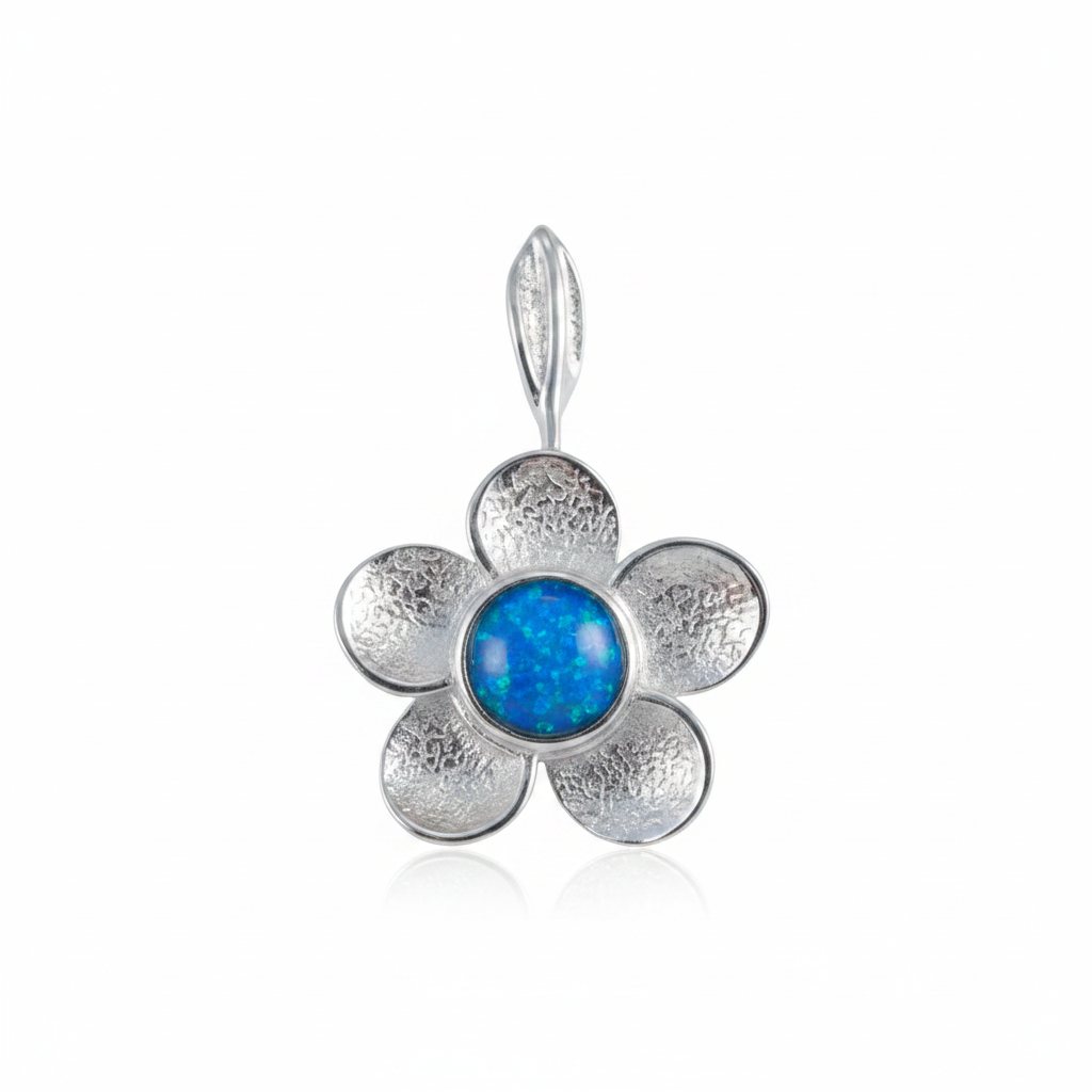 Silver 925 daisy flower memorial pendant with blue opal flakes, no chain, white background