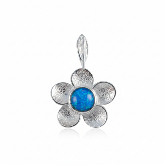 Silver 925 daisy flower memorial pendant with blue opal flakes, no chain, white background