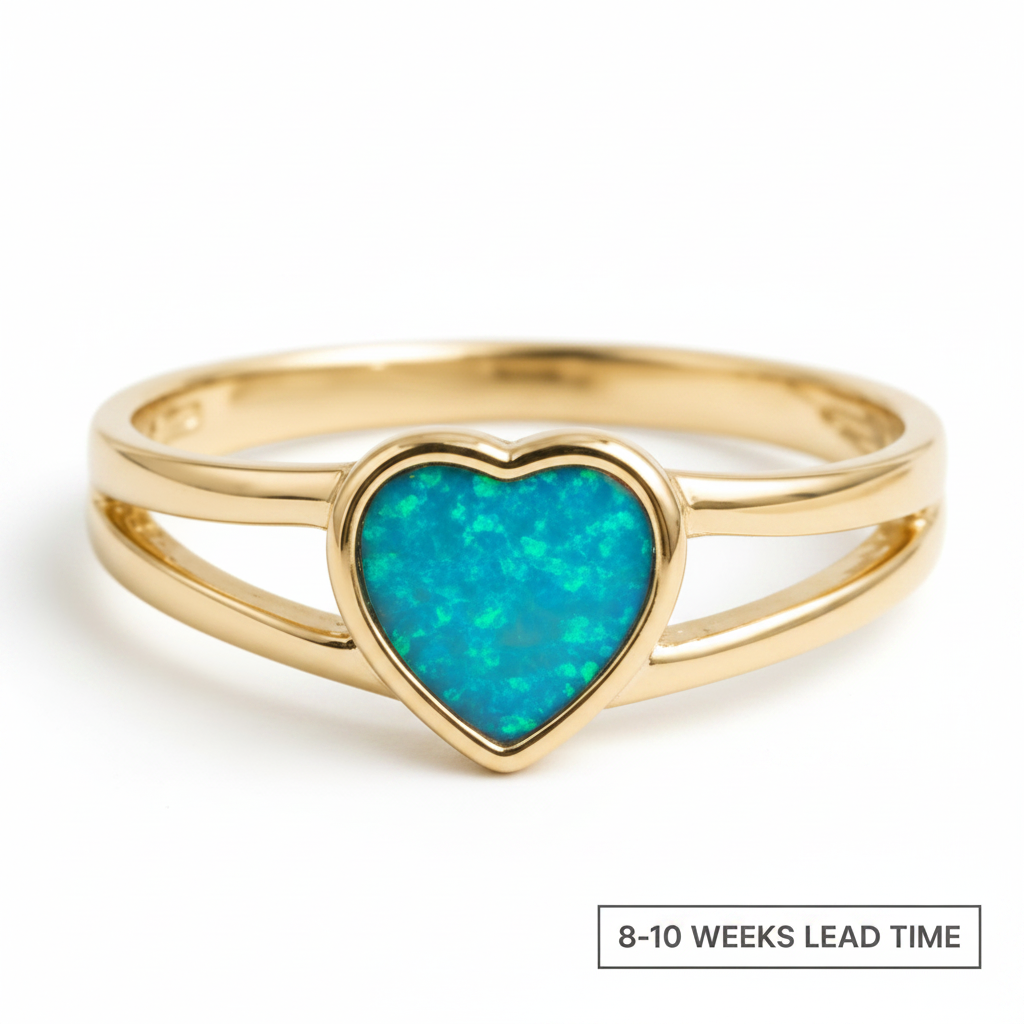 9ct yellow gold heart double band ring with blue teal opal resin in heart bezel, white background, 8-10 weeks lead time