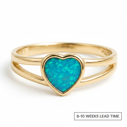 9ct yellow gold heart double band ring with blue teal opal resin in heart bezel, white background, 8-10 weeks lead time