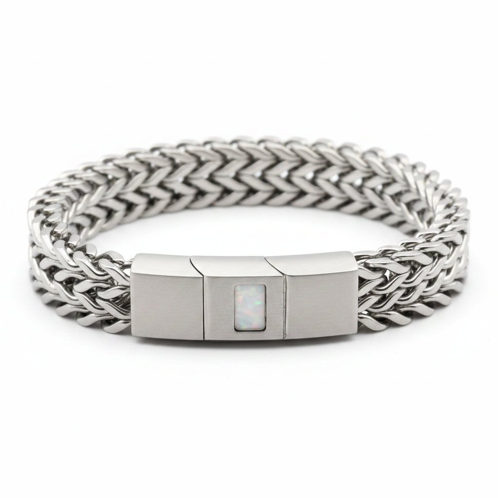 Men's stainless steel chain memorial bracelet with white pearl opal shimmer resin rectangle inlay on white background