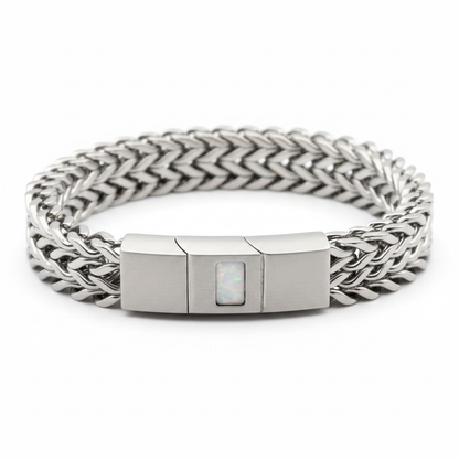 Men's stainless steel chain memorial bracelet with white pearl opal shimmer resin rectangle inlay on white background