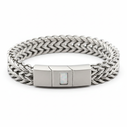 Men's stainless steel chain memorial bracelet with white pearl opal shimmer resin rectangle inlay on white background