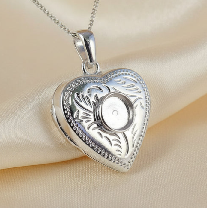 Silver 925 Engraved Heart Locket — 6mm Cabochon Setting | Ashes & Hair Memorial Keepsake