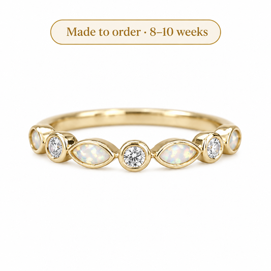 Illustrative 9ct gold Bezel Set Eternity ring with pearl white opal flake resin inclusions